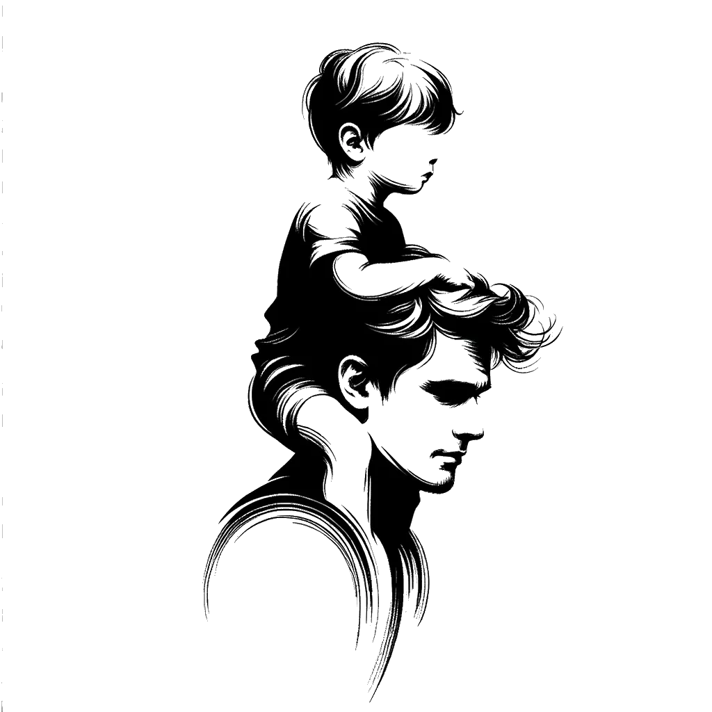 un dibujo de un joven padre blanco con su hijo sobre sus hombros representando el tema de Responsabilidad en blanco y negro.