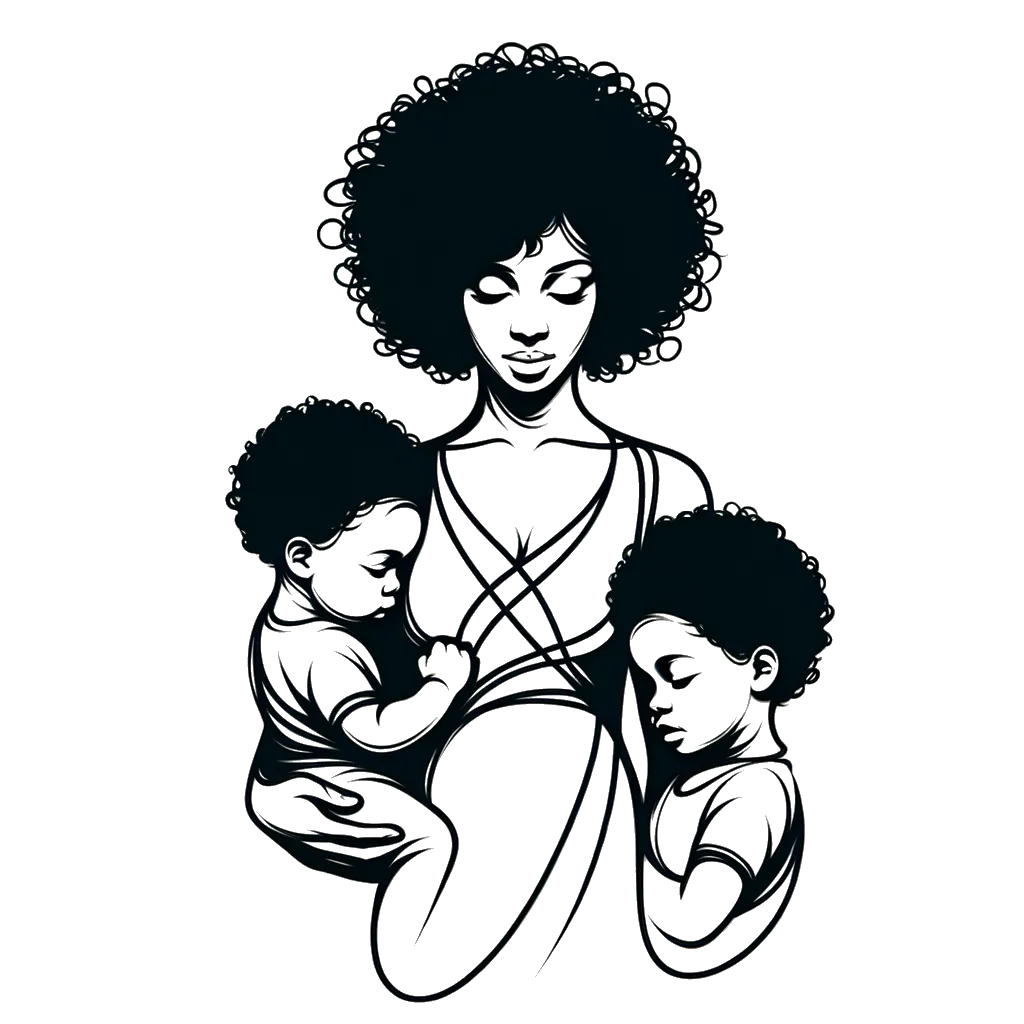 un dibujo de una madre joven con dos hijos pequeños representando el tema de Responsabilidades en blanco y negro.