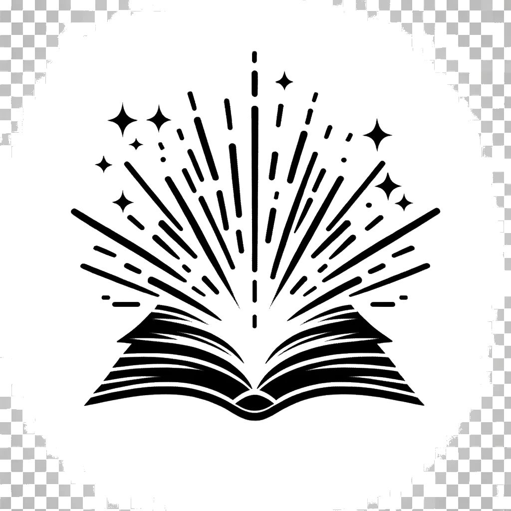 un dibujo de un rayo de luz saliendo de un libro abierto representando el tema de Respuestas en blanco y negro.