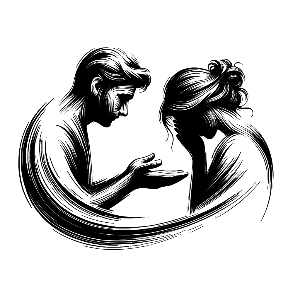 un dibujo de Un hombre blanco disculpándose con una mujer blanca. representando el tema de Restitución en blanco y negro.