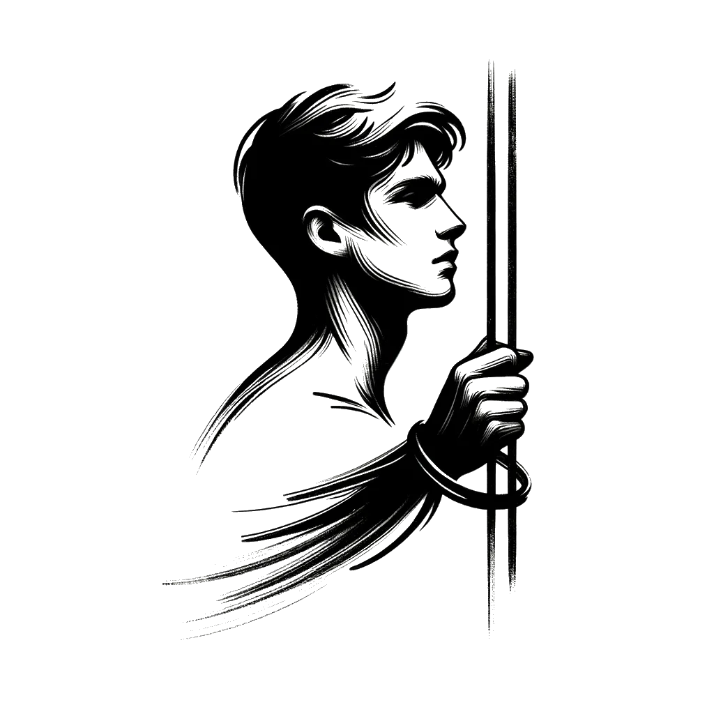 un dibujo de un joven hombre blanco sosteniendo dos barrotes de prisión representando el tema de Retribución en blanco y negro.