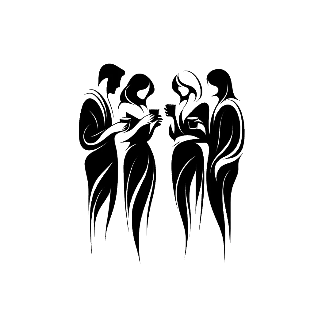 un dibujo de Un grupo de cuatro personas estaba de pie tomando una bebida. representando el tema de Reunión en blanco y negro.
