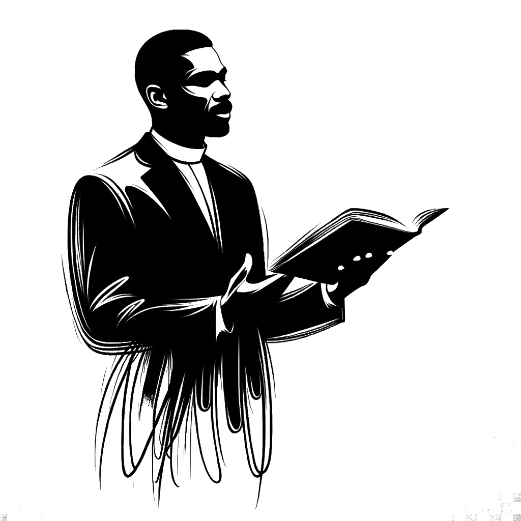 un dibujo de un vicario masculino dando un sermón representando el tema de Reverencia en blanco y negro.