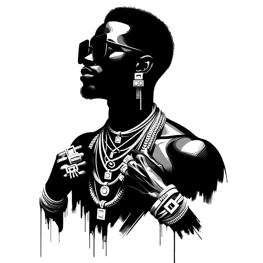 un dibujo de un hombre cubierto de joyas representando el tema de Ricos en blanco y negro.