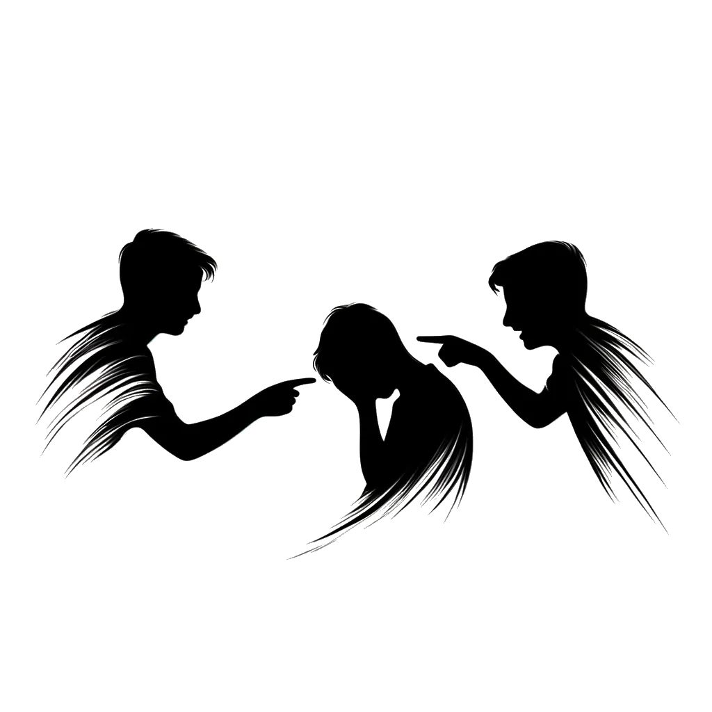 un dibujo de dos niños señalando con el dedo a otro niño con la cabeza gacha y aspecto triste representando el tema de Ridículo en blanco y negro.