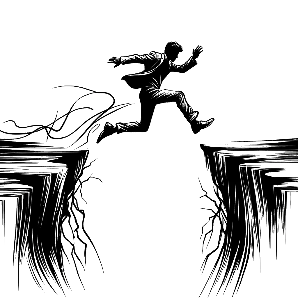 un dibujo de un hombre saltando un barranco representando el tema de Riesgo en blanco y negro.
