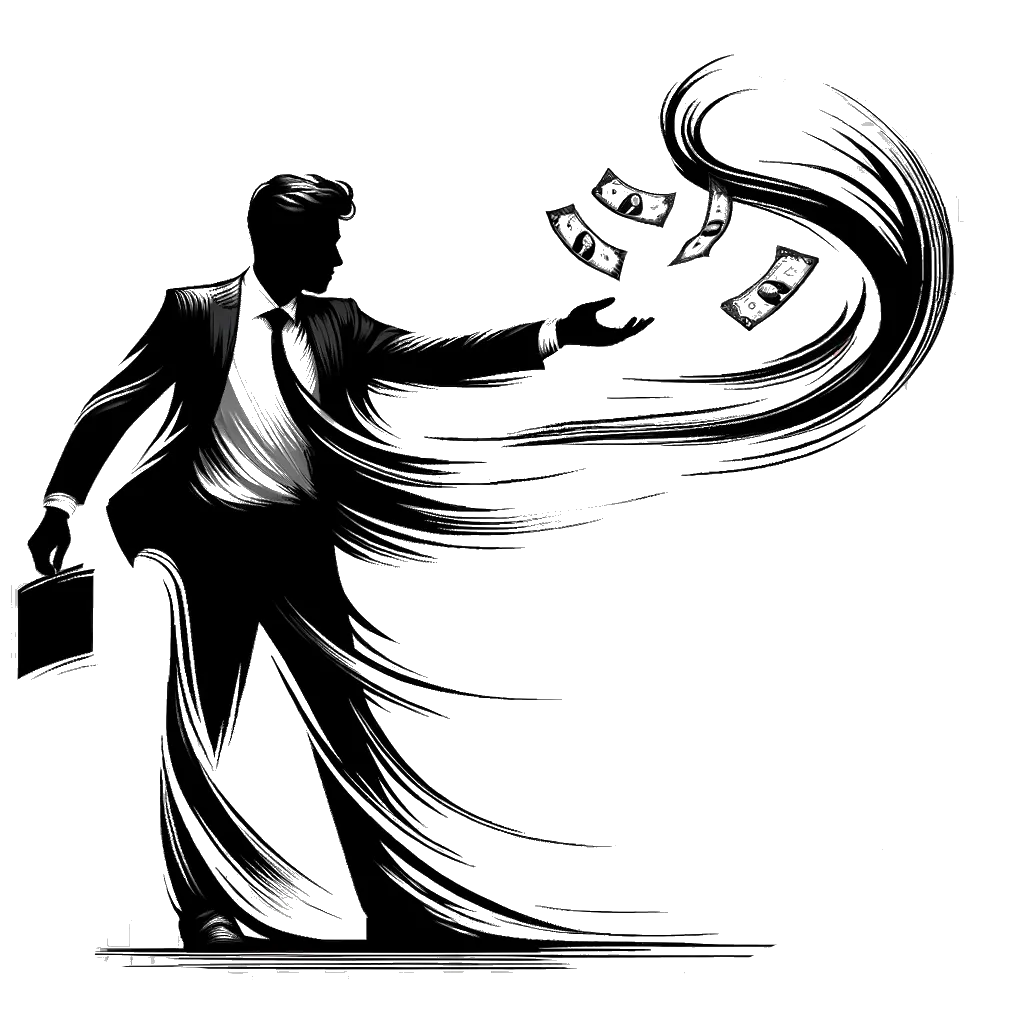 un dibujo de un hombre arrojando dinero por todas partes representando el tema de Riqueza en blanco y negro.