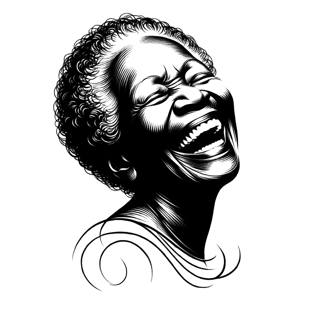 un dibujo de una mujer mayor riendo representando el tema de Risa en blanco y negro.