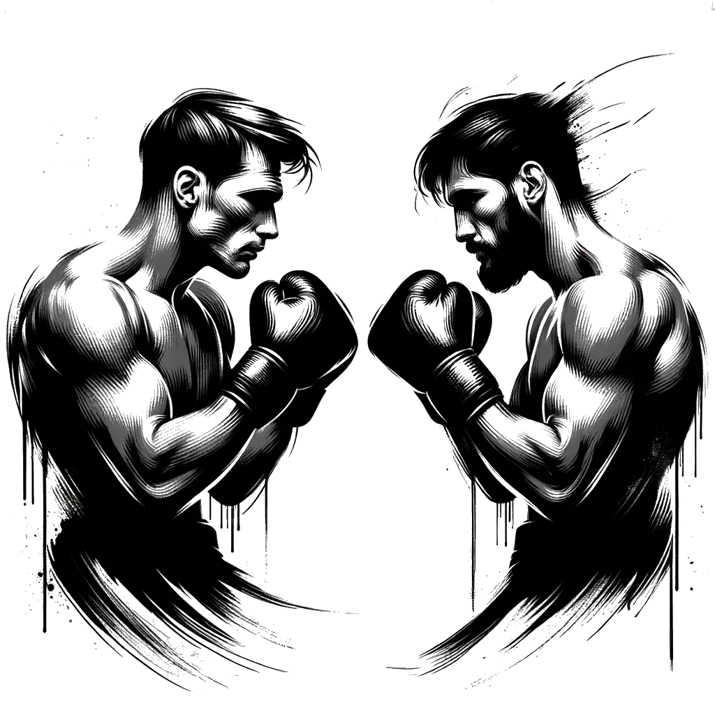 un dibujo de Dos boxeadores blancos masculinos enfrentándose antes de una pelea. representando el tema de Rivalidad en blanco y negro.