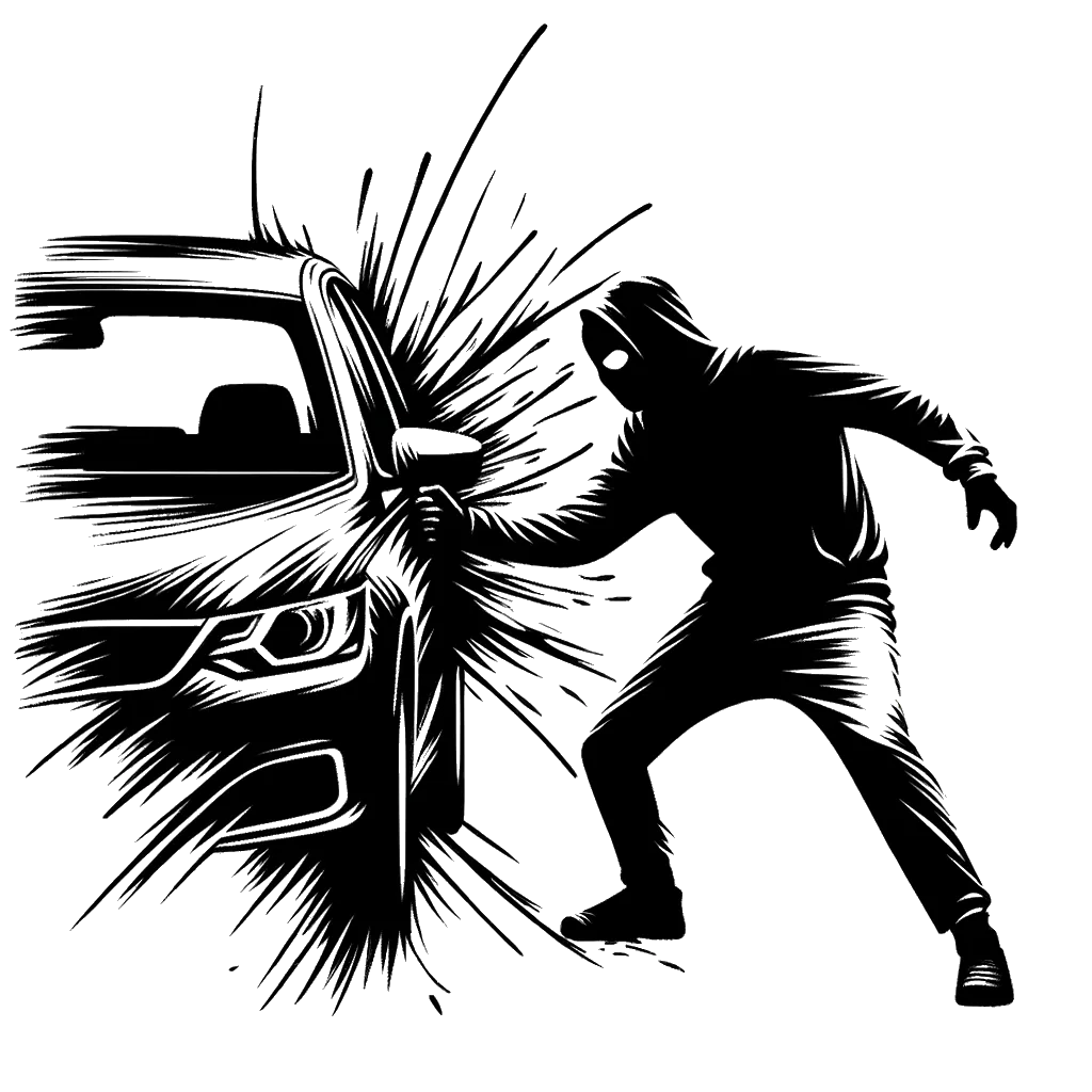 un dibujo de un hombre rompiendo la ventana de un coche representando el tema de Robo en blanco y negro.
