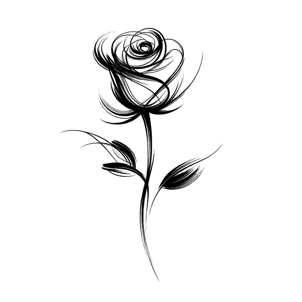 un dibujo de una rosa romántica solitaria en un tallo representando el tema de Romance en blanco y negro.