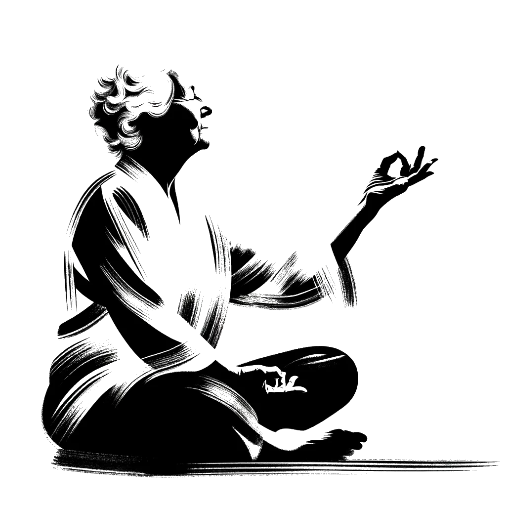 un dibujo de una mujer mayor haciendo yoga representando el tema de Salud en blanco y negro.