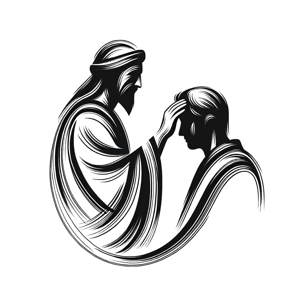 un dibujo de Jesús sanando a una persona enferma. representando el tema de Santidad Divina en blanco y negro.