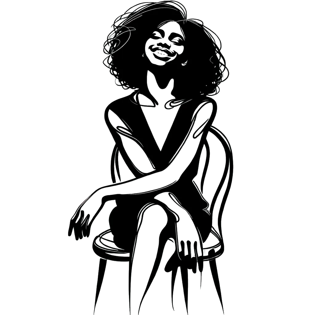 un dibujo de una joven mujer estaba sentada en una silla con los brazos y las piernas cruzados y sonriendo representando el tema de Satisfacción en blanco y negro.