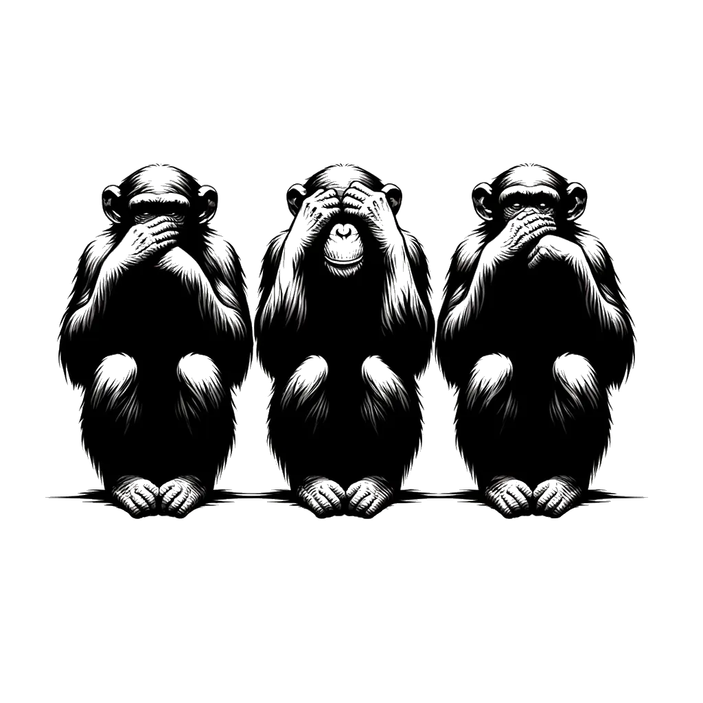 un dibujo de Tres chimpancés se sentaron en fila, uno se tapaba los ojos, otro se tapaba los oídos y el otro se tapaba la boca. representando el tema de Secreto en blanco y negro.