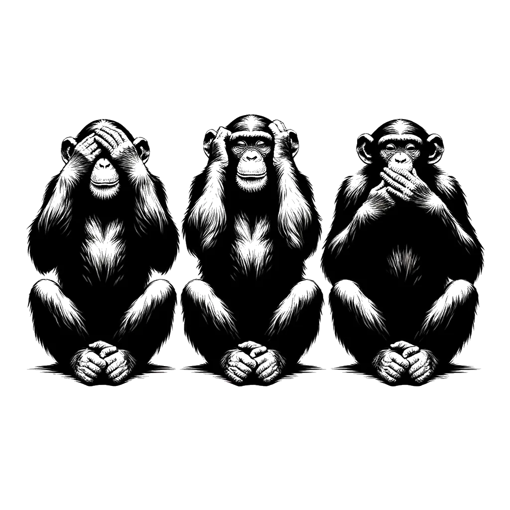 un dibujo de Tres chimpancés se sentaron en fila, uno se tapaba los ojos, otro se tapaba los oídos y el otro se tapaba la boca. representando el tema de Secretos en blanco y negro.