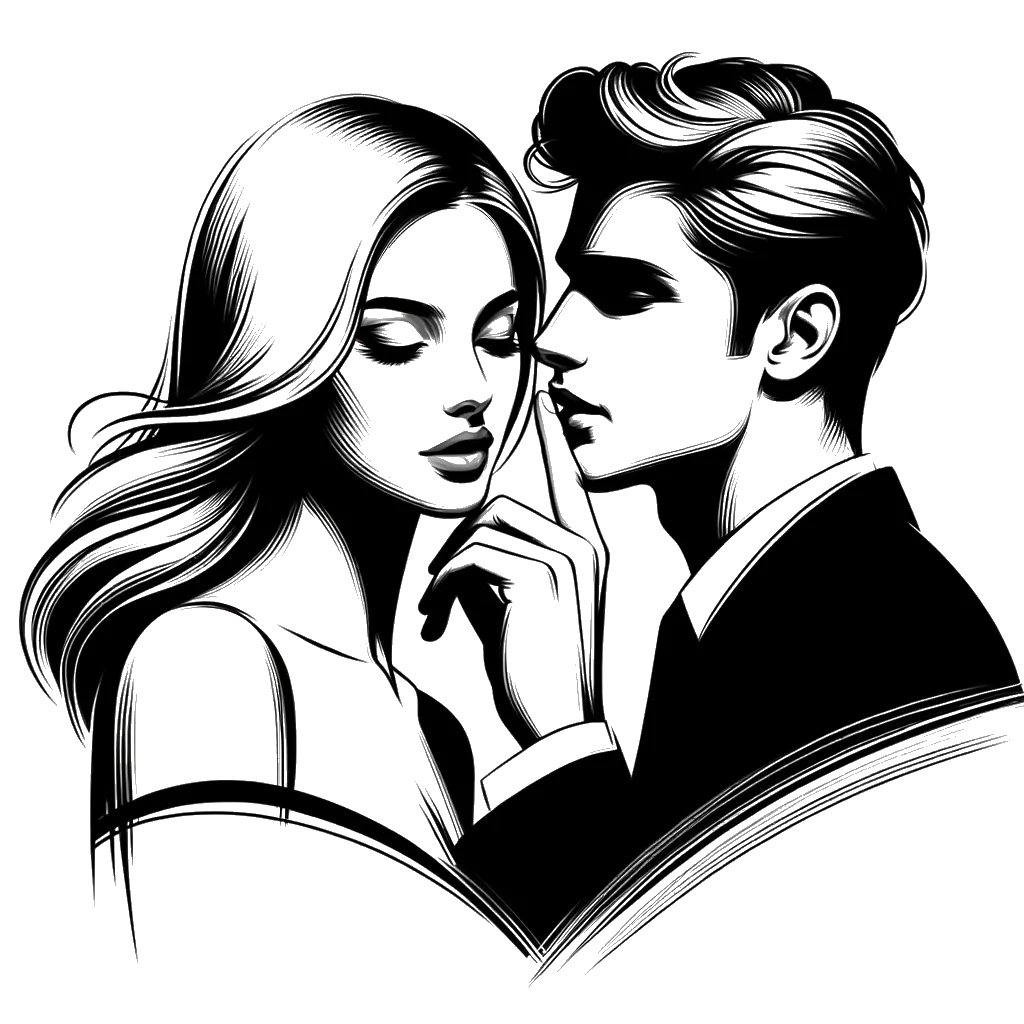 un dibujo de un apuesto joven susurrándole al oído a una mujer representando el tema de Seducción en blanco y negro.