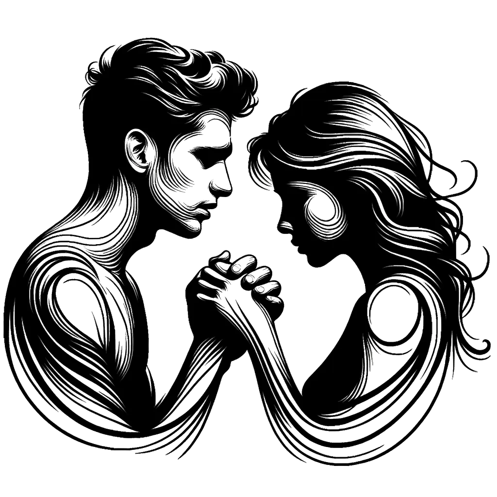 un dibujo de un joven suplicando a su novia representando el tema de Segundas Oportunidades en blanco y negro.