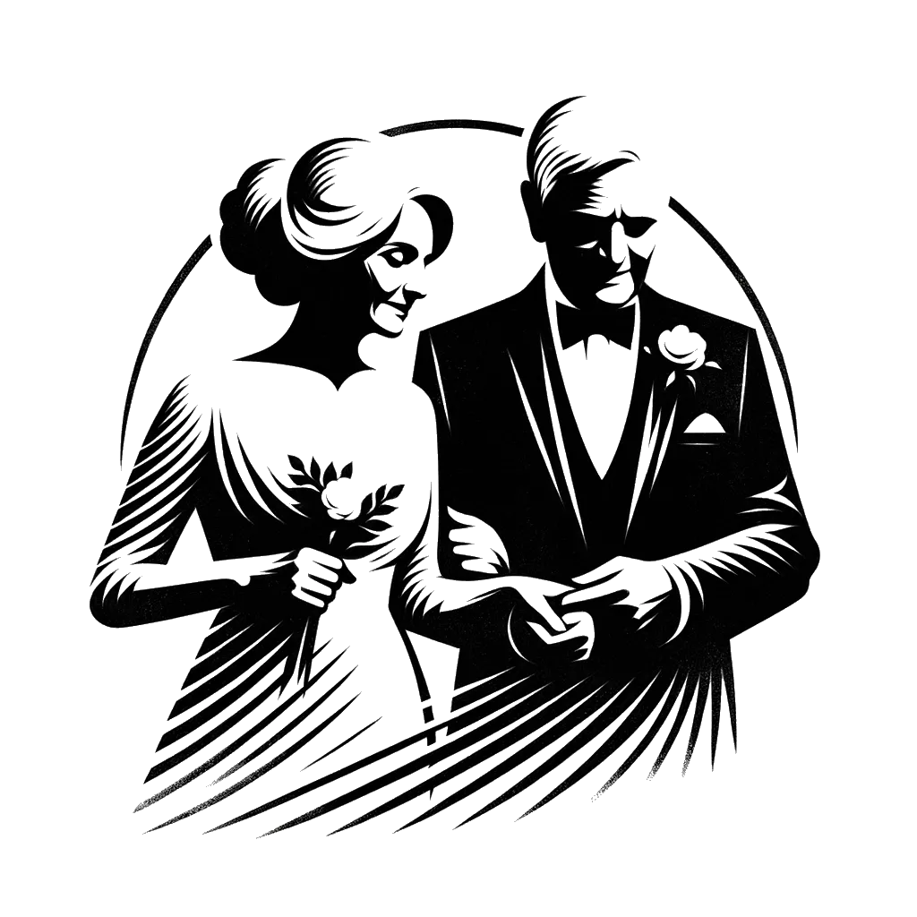 un dibujo de una pareja mayor de raza blanca que se casa representando el tema de Segundo Matrimonio en blanco y negro.