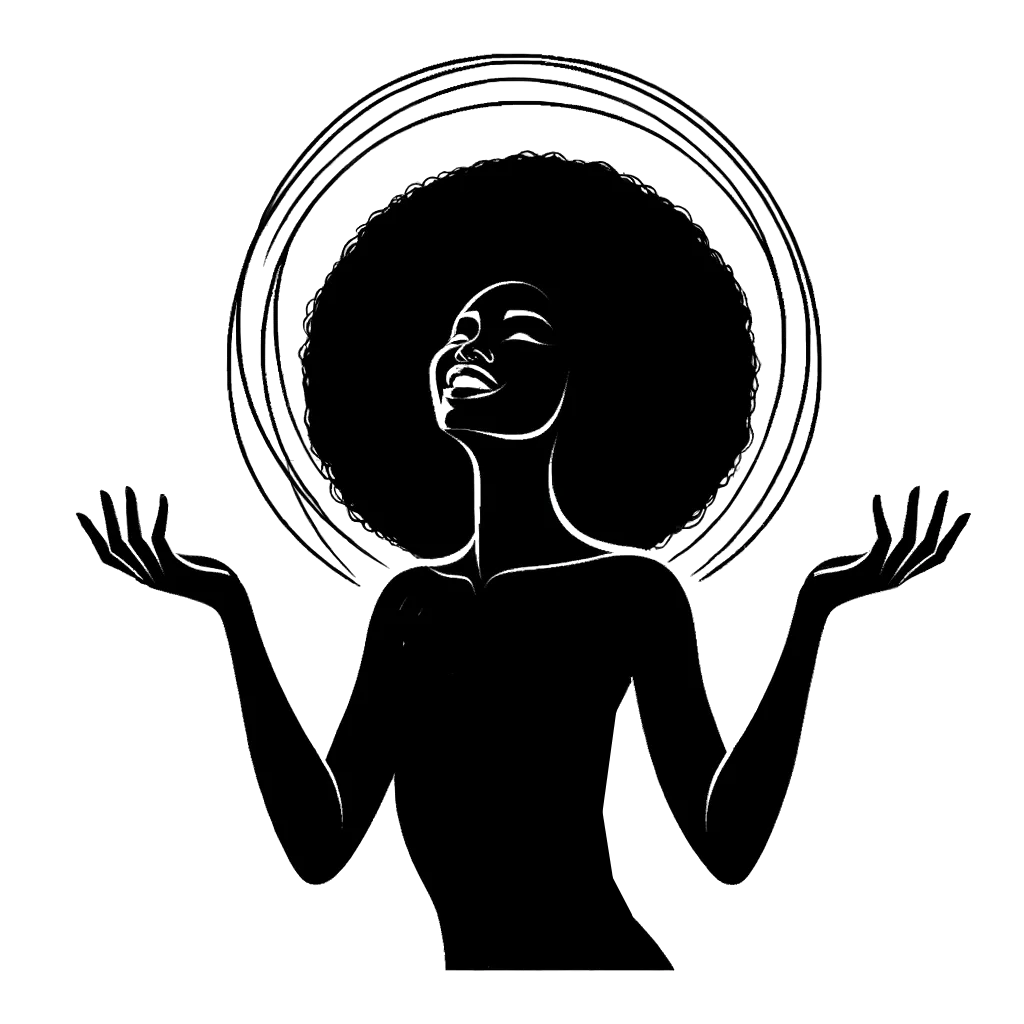 un dibujo de una mujer con ambas manos abiertas mirando hacia arriba con una sonrisa representando el tema de Señales en blanco y negro.
