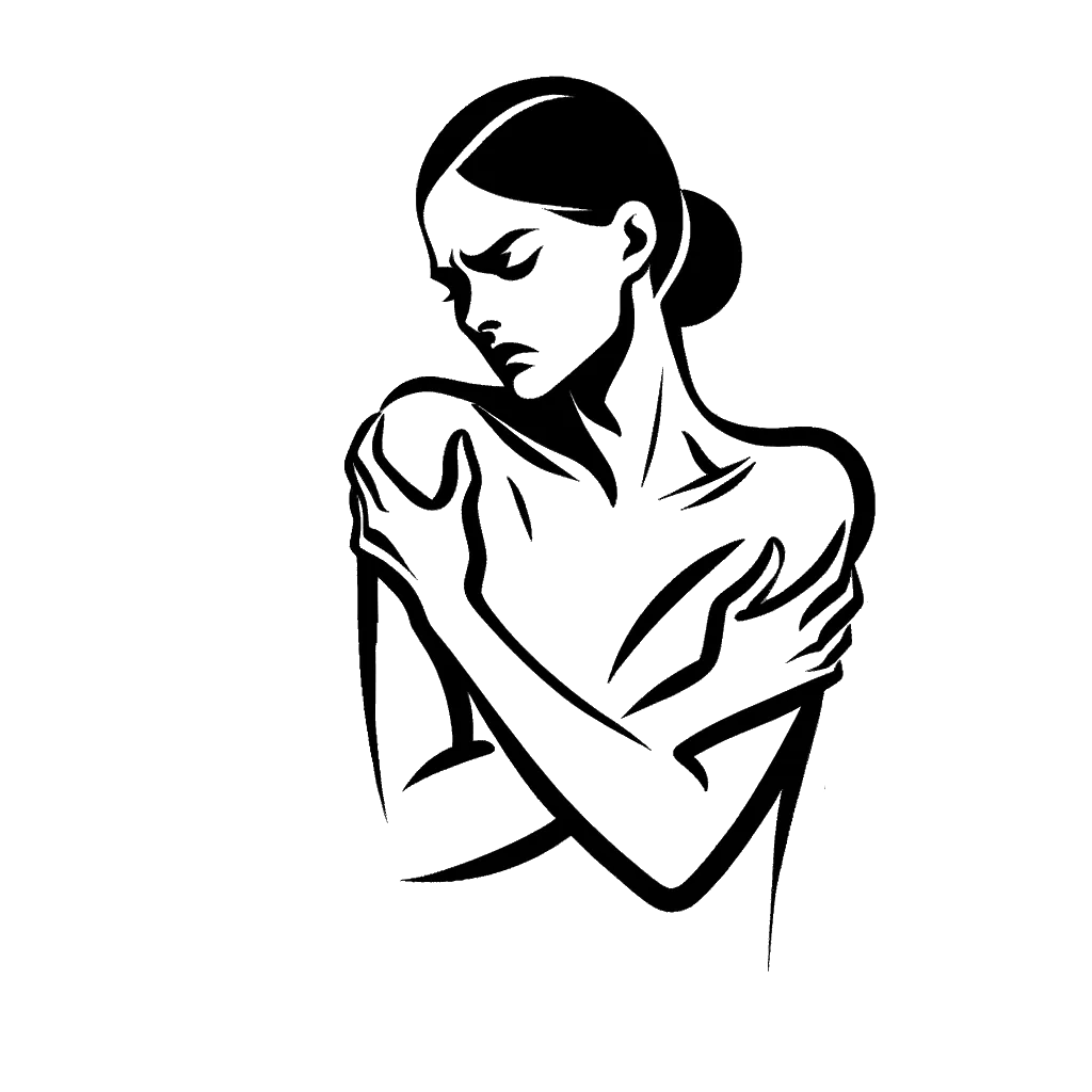 un dibujo de una mujer sosteniendo su brazo que le duele y luciendo molesta representando el tema de Sensibilidad en blanco y negro.