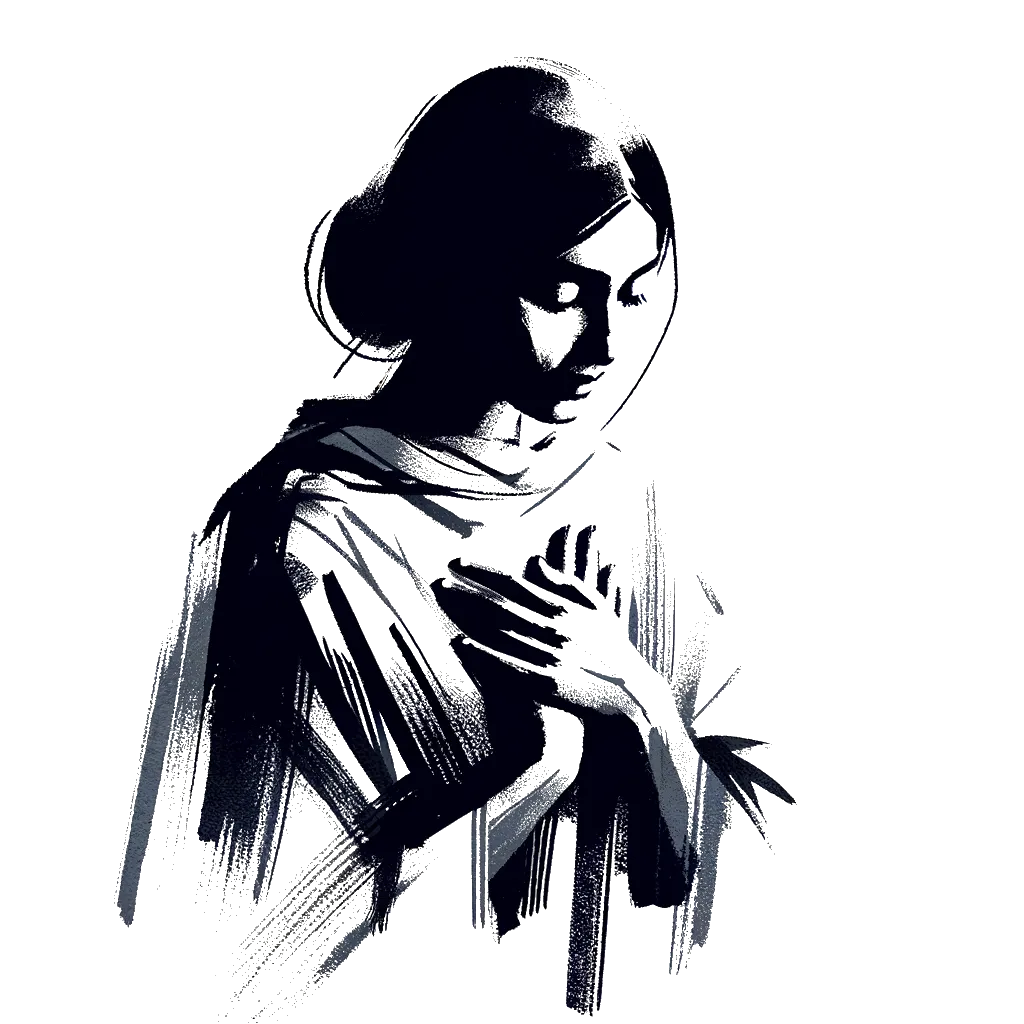 un dibujo de una mujer que se sostiene las manos en el pecho por emoción representando el tema de Sentimiento en blanco y negro.
