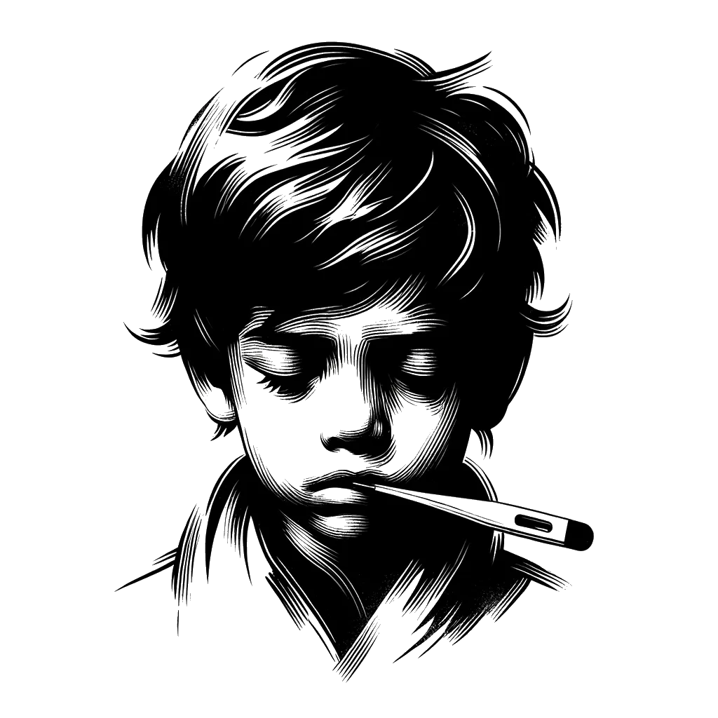 un dibujo de un niño con un termómetro en la boca mirando triste representando el tema de Sentirse Enfermo en blanco y negro.