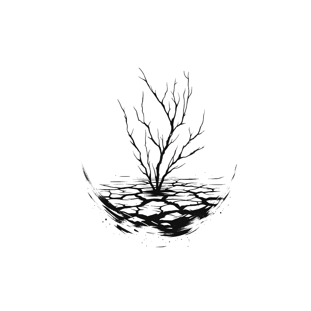 un dibujo de planta muerta en tierra seca agrietada representando el tema de Sequía en blanco y negro.