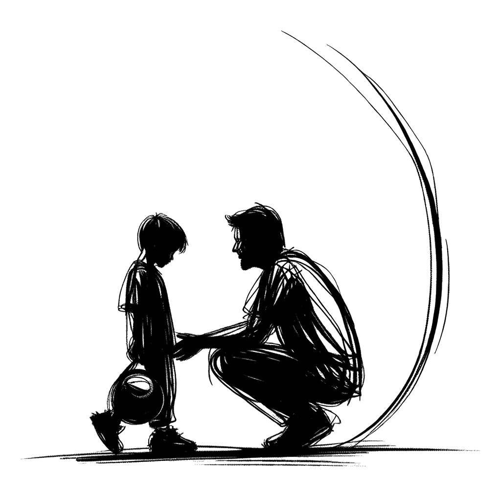 un dibujo de un hombre con su hijo después de la práctica de béisbol representando el tema de Ser Abatido en blanco y negro.