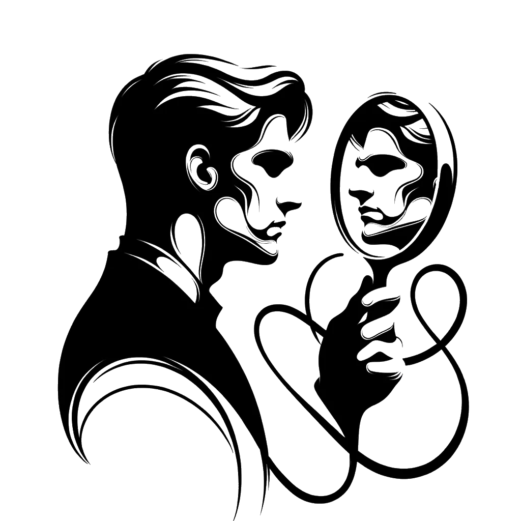 un dibujo de un hombre mirándose en el espejo utilizando una lupa representando el tema de Ser Egoísta en blanco y negro.
