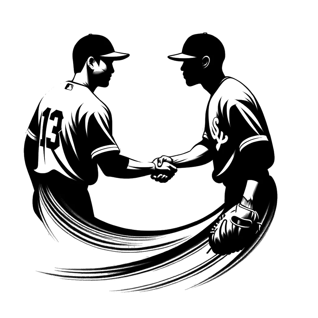 un dibujo de dos jugadores de béisbol dándose la mano representando el tema de Ser Humilde en blanco y negro.