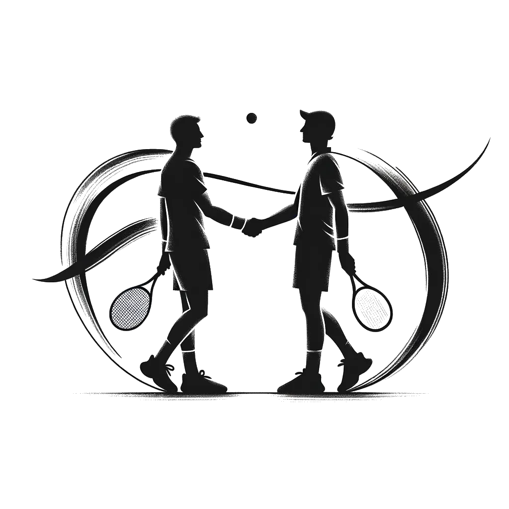 un dibujo de Dos jugadores de tenis masculinos dándose la mano después de un partido. representando el tema de Ser Justo en blanco y negro.
