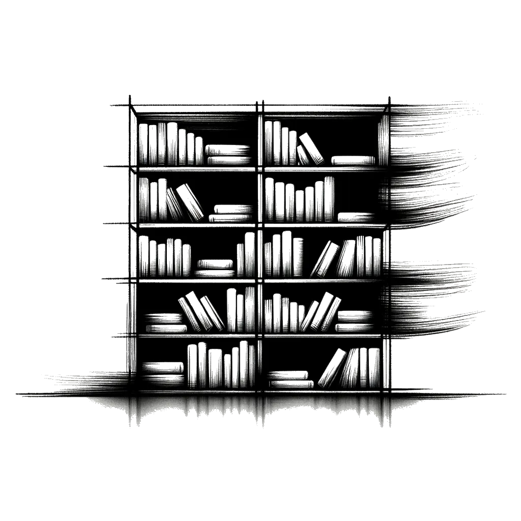 un dibujo de un estante de libros ordenado representando el tema de Ser Ordenado en blanco y negro.