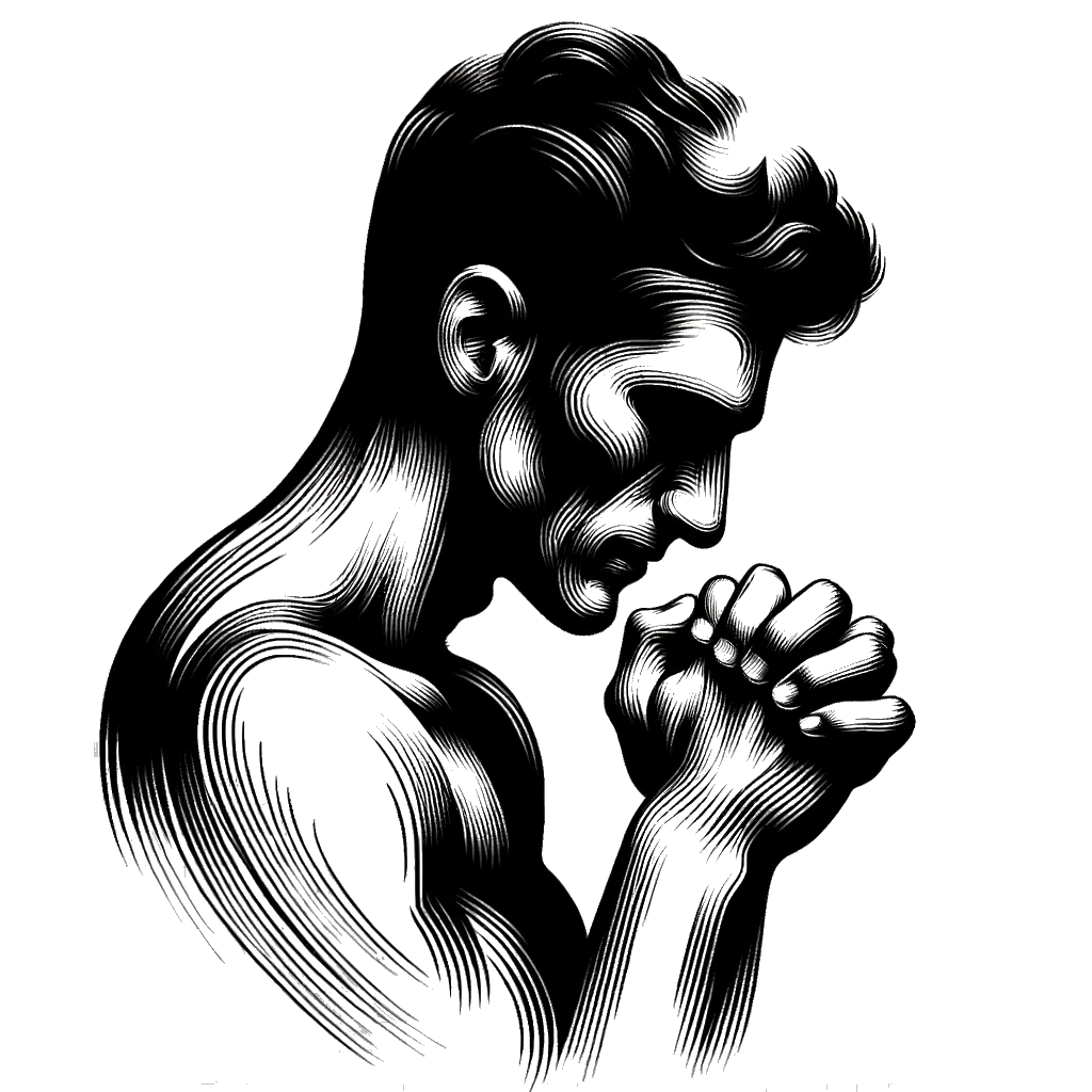 un dibujo de un hombre apretando sus manos juntas con sinceridad representando el tema de Ser Sincero en blanco y negro.