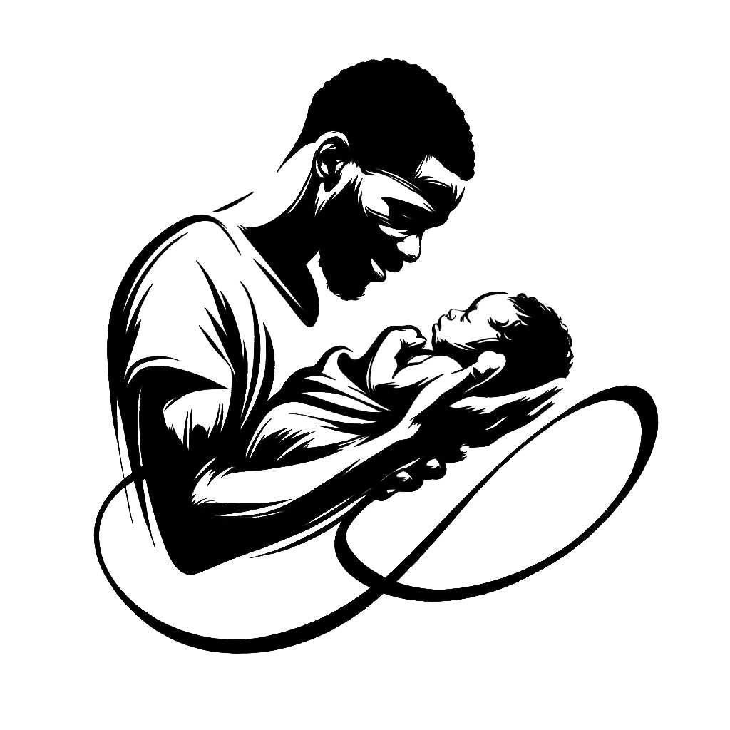un dibujo de un padre sosteniendo a su recién nacido representando el tema de Significado en blanco y negro.