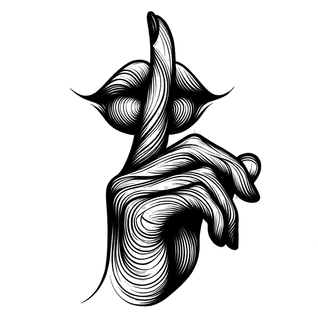un dibujo de dedos en los labios representando el tema de Silencio en blanco y negro.
