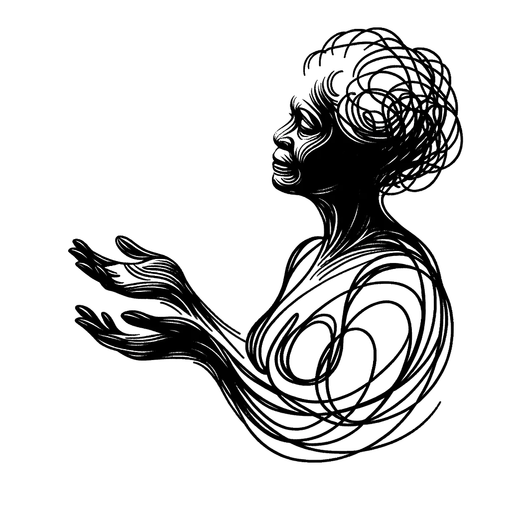 un dibujo de una mujer mayor con los brazos abiertos y comprensivos representando el tema de Simpatía en blanco y negro.