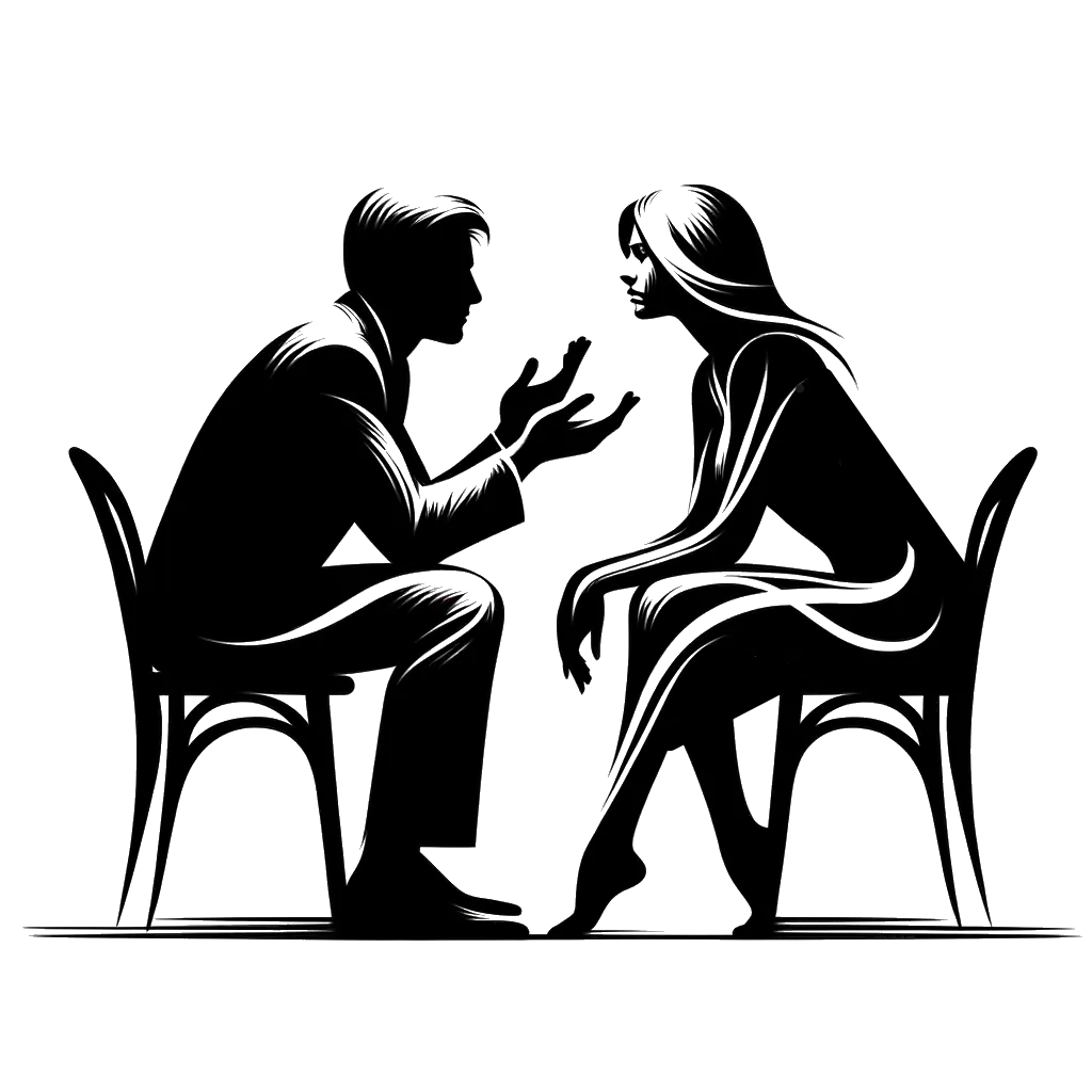 un dibujo de un hombre suplicando a una mujer sentada en una silla con los brazos y las piernas cruzadas, luciendo infeliz representando el tema de Sin Perdón en blanco y negro.