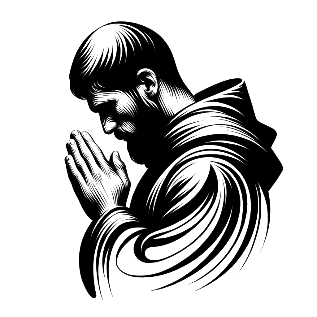 un dibujo de un monje cristiano rezando representando el tema de Sirviendo a Dios en blanco y negro.