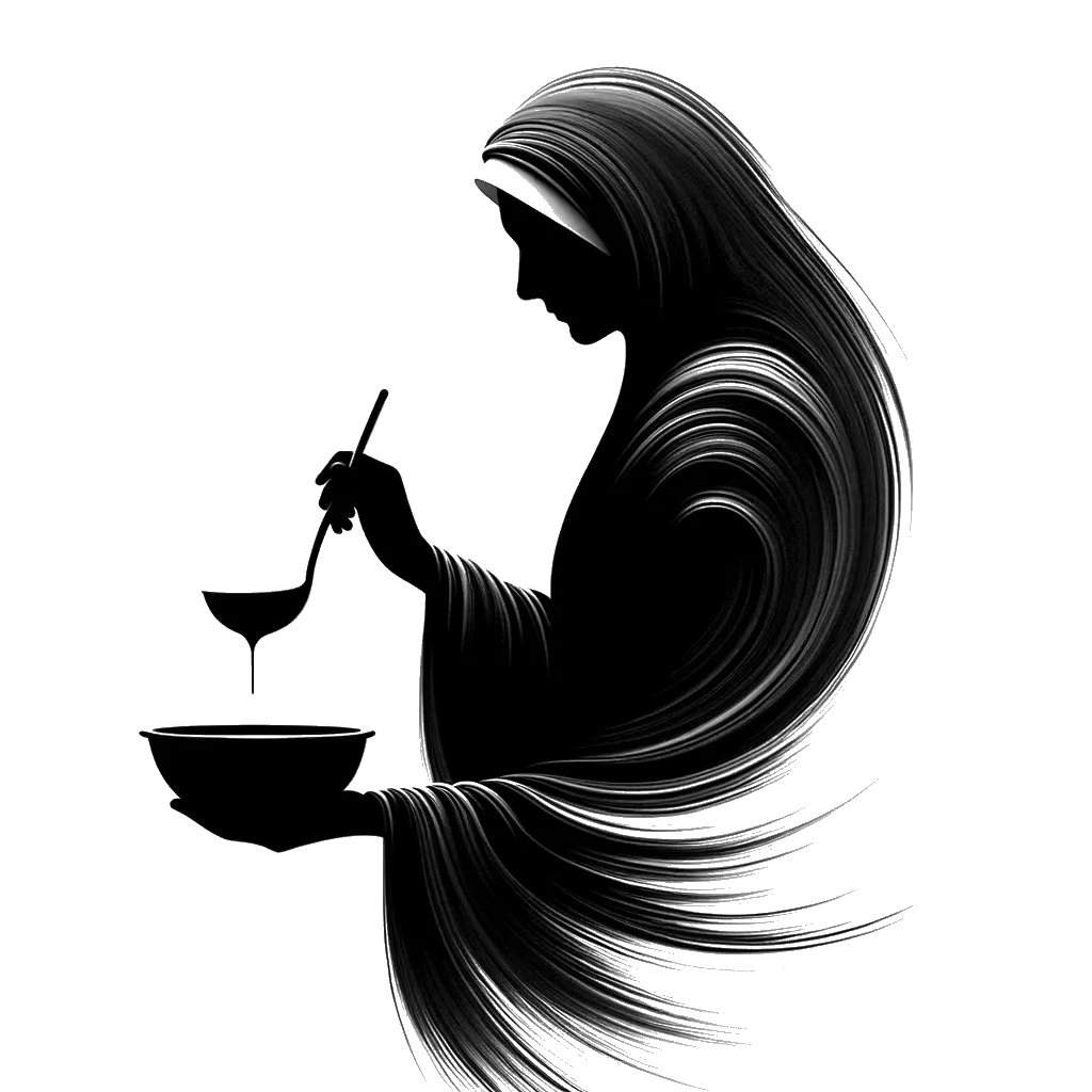 un dibujo de una monja cristiana sirviendo sopa con un cucharón representando el tema de Sirviendo a los Pobres en blanco y negro.