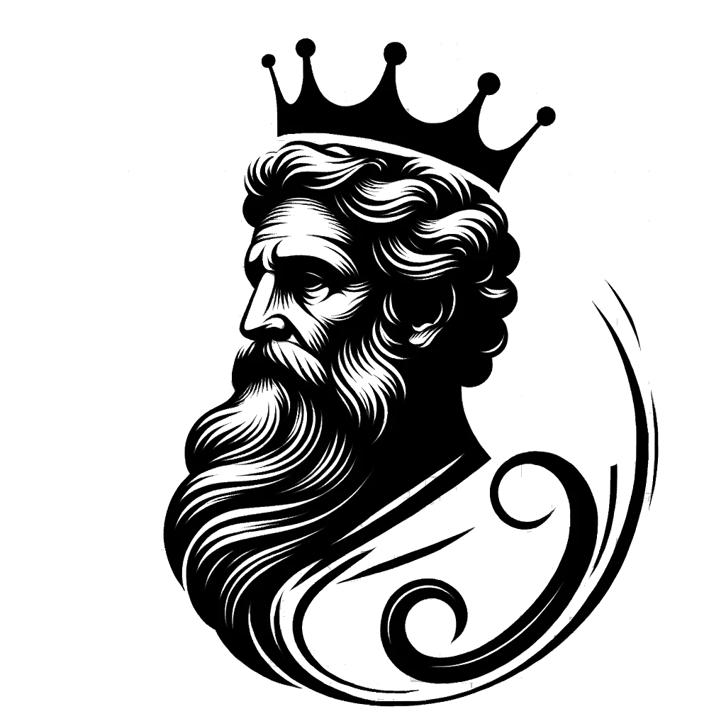 un dibujo de un rey mayor llevando una corona representando el tema de Soberanía en blanco y negro.