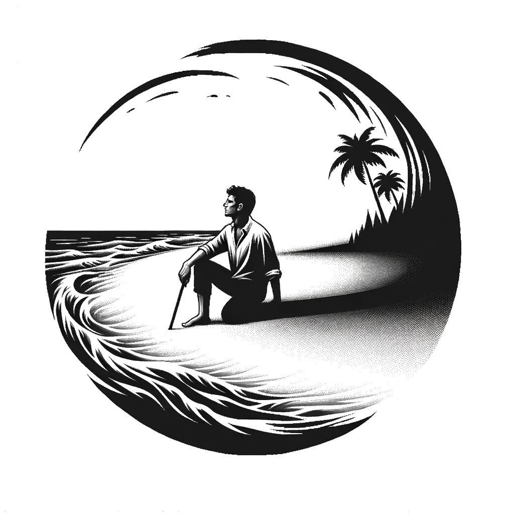 un dibujo de un hombre en una playa de una isla desierta representando el tema de Soledad en blanco y negro.