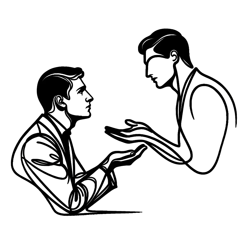 un dibujo de un hombre blanco suplicando a otro hombre blanco representando el tema de Solicitudes en blanco y negro.