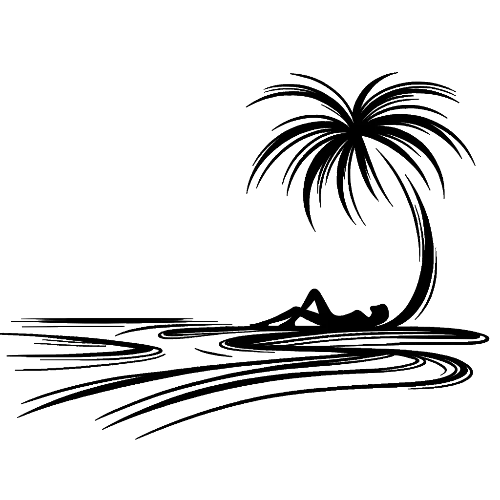 un dibujo de una isla desierta con palmera representando el tema de Solo en blanco y negro.
