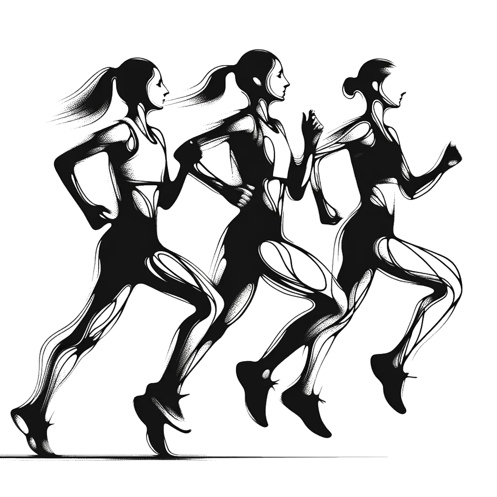 un dibujo de tres corredoras de maratón femeninas representando el tema de Soportar en blanco y negro.