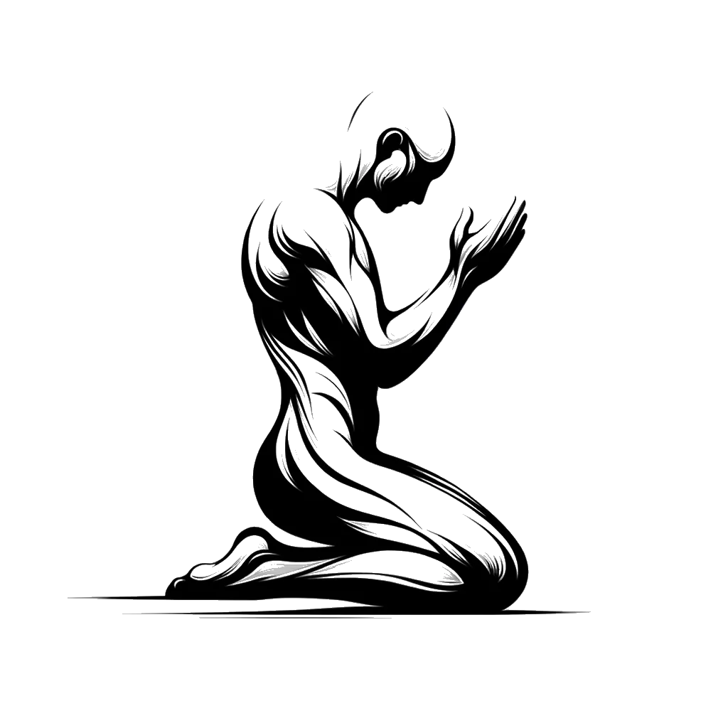 un dibujo de un hombre de rodillas en súplica representando el tema de Súplica en blanco y negro.