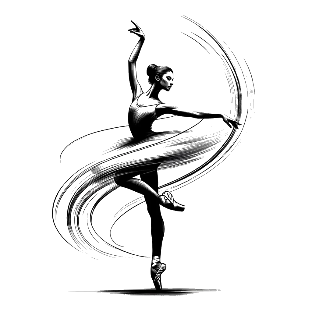 un dibujo de una bailarina de ballet haciendo una pirueta representando el tema de Talento en blanco y negro.