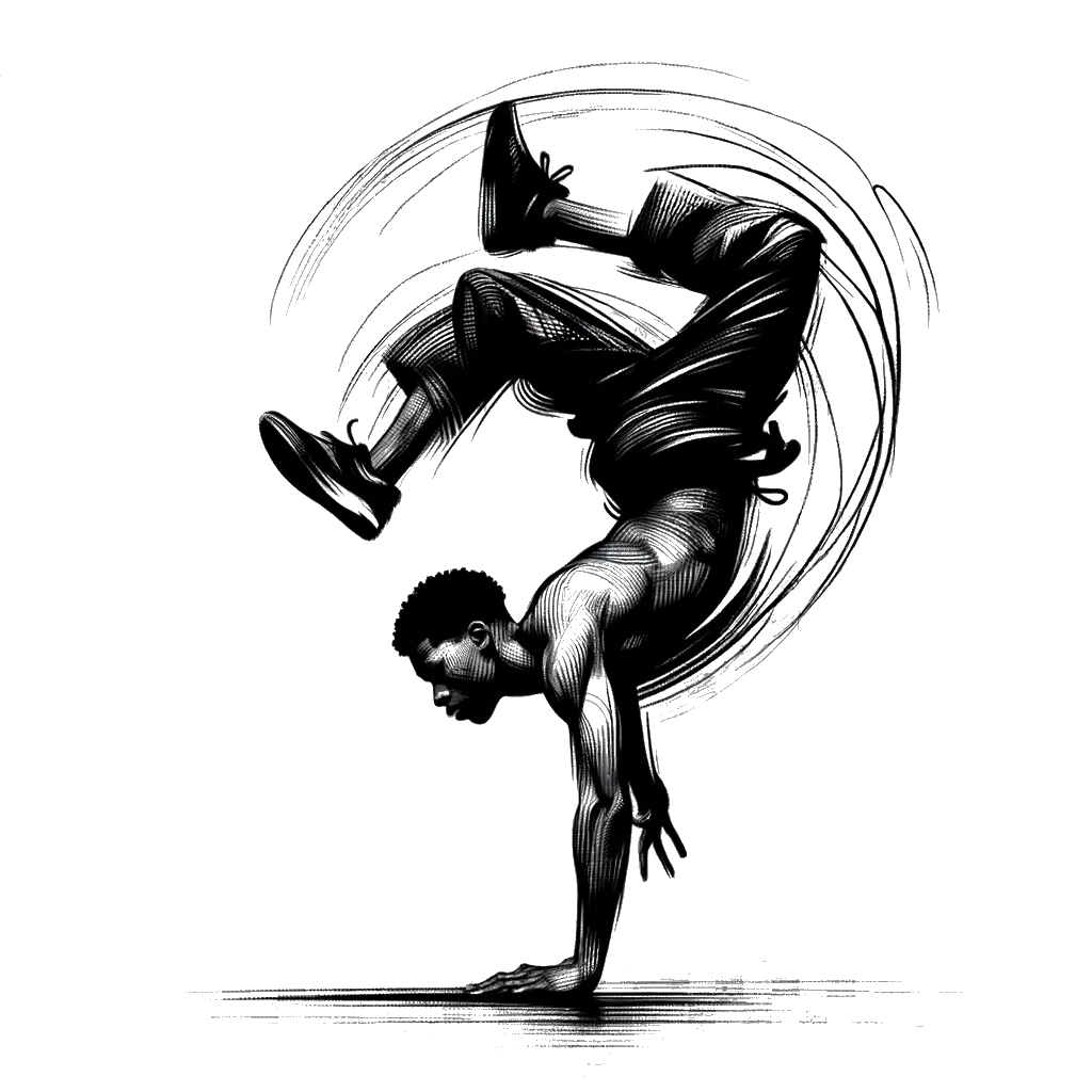 un dibujo de un joven haciendo breakdance representando el tema de Talentos en blanco y negro.