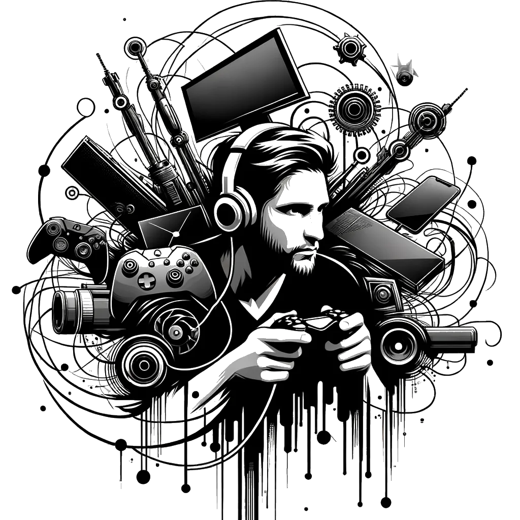 un dibujo de un jugador masculino con mucha tecnología representando el tema de Tecnología en blanco y negro.