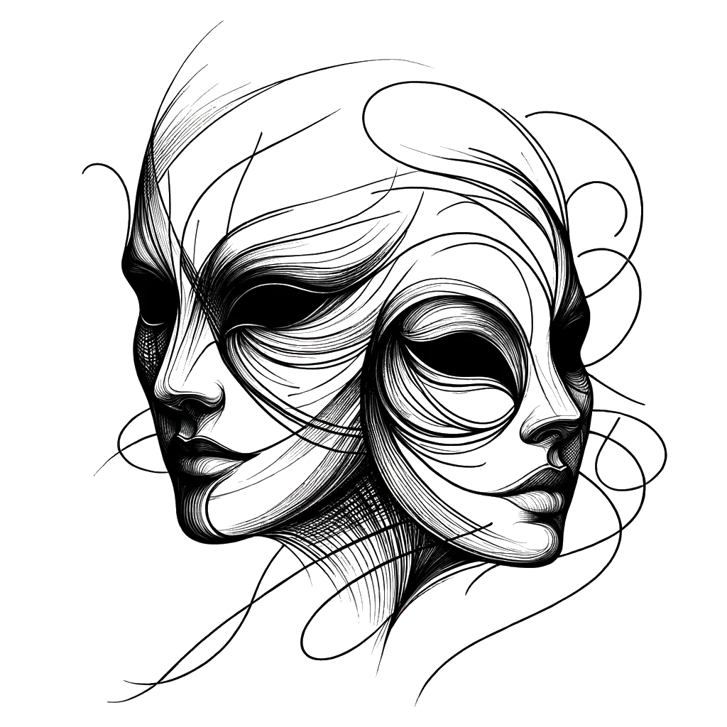 un dibujo de Una máscara veneciana masculina y una femenina. representando el tema de Temas en blanco y negro.